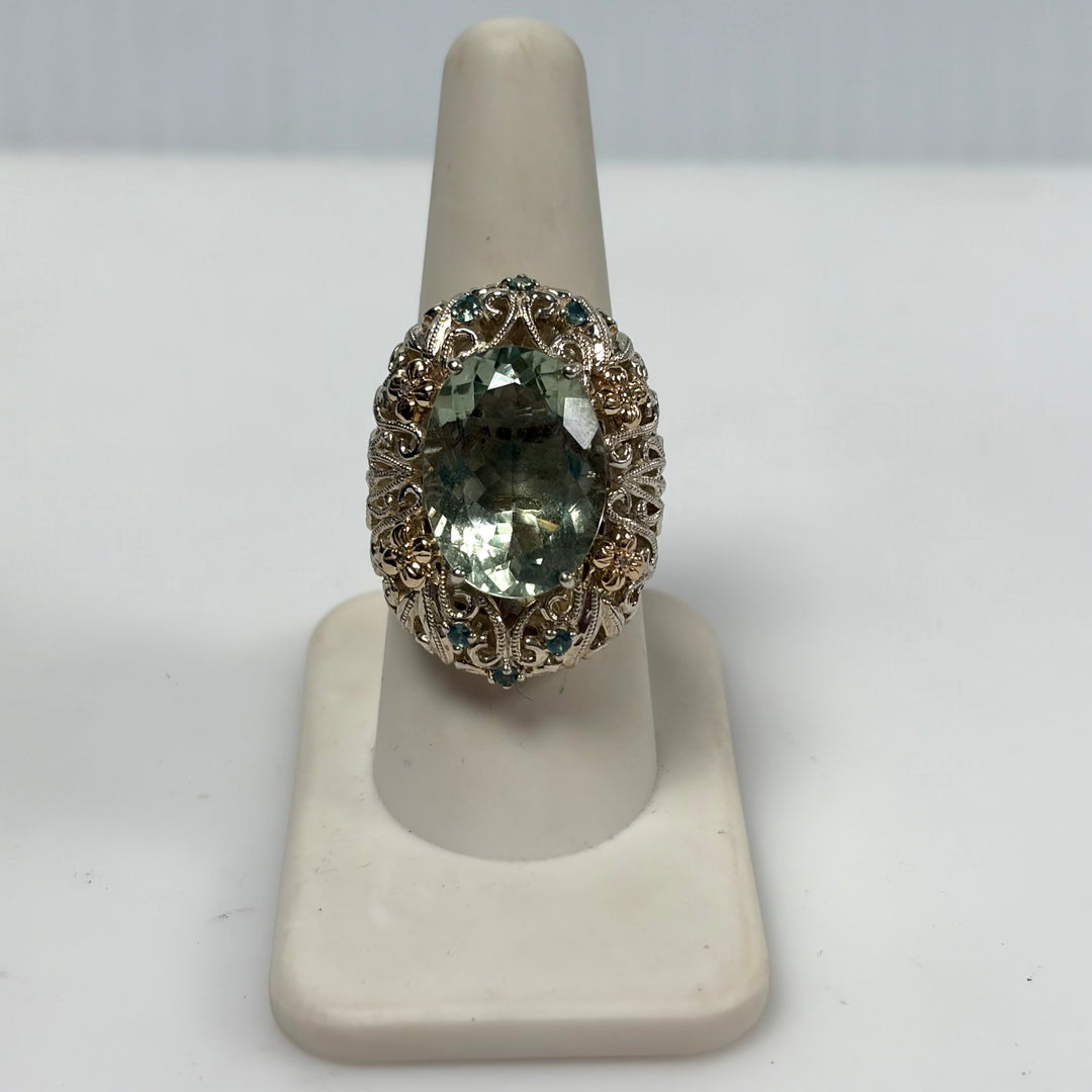 w126 Vintage-style Weinman Brothers Green Amethyst (Prasiolite) Cocktail Ring Sz 8 Sterling Silver 14k Yellow Gold