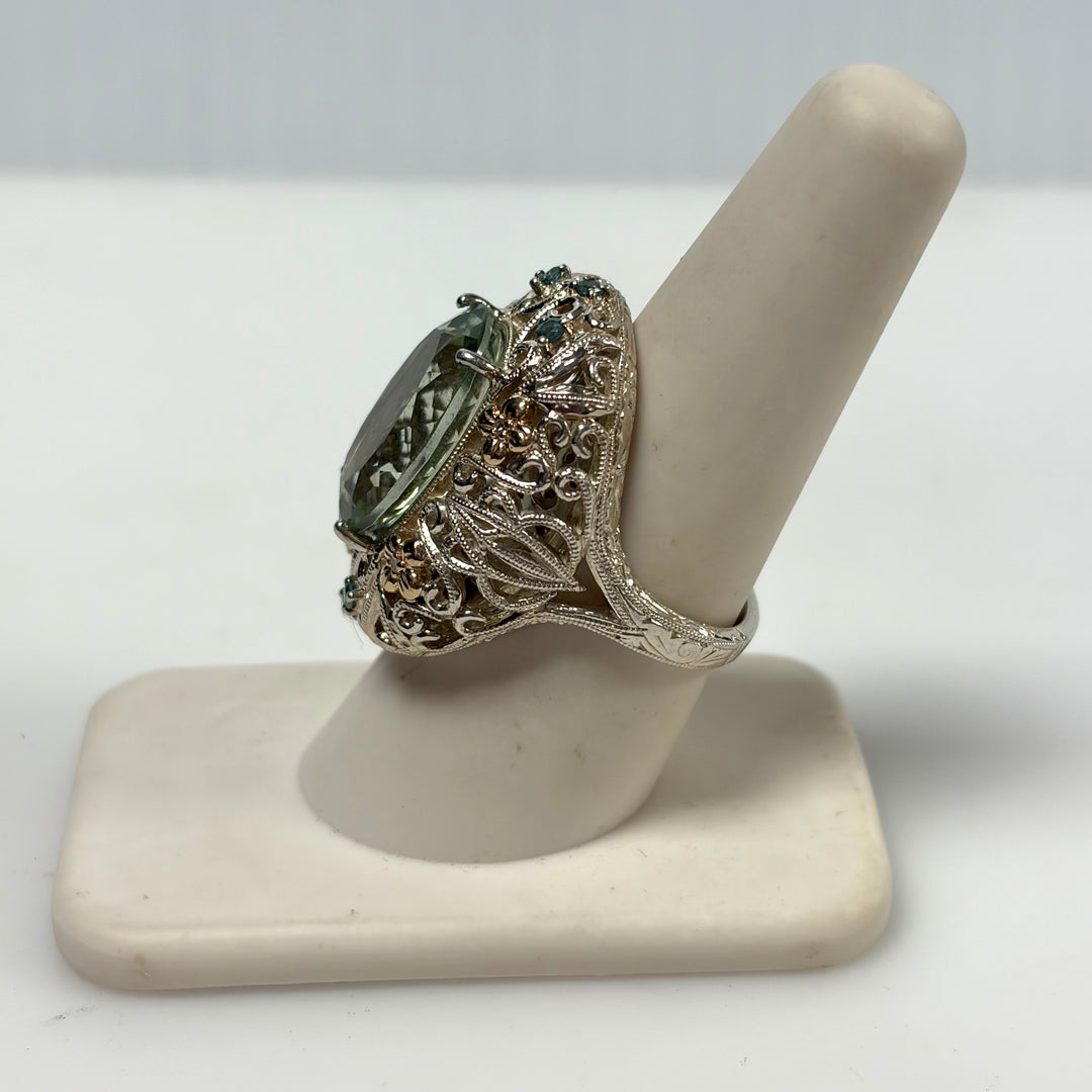 w126 Vintage-style Weinman Brothers Green Amethyst (Prasiolite) Cocktail Ring Sz 8 Sterling Silver 14k Yellow Gold