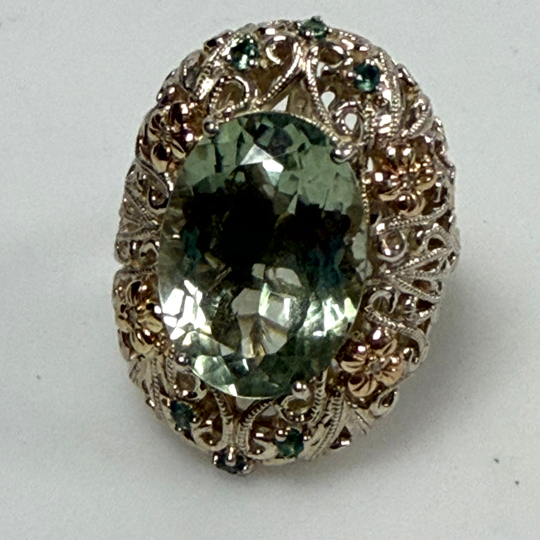 w126 Vintage-style Weinman Brothers Green Amethyst (Prasiolite) Cocktail Ring Sz 8 Sterling Silver 14k Yellow Gold
