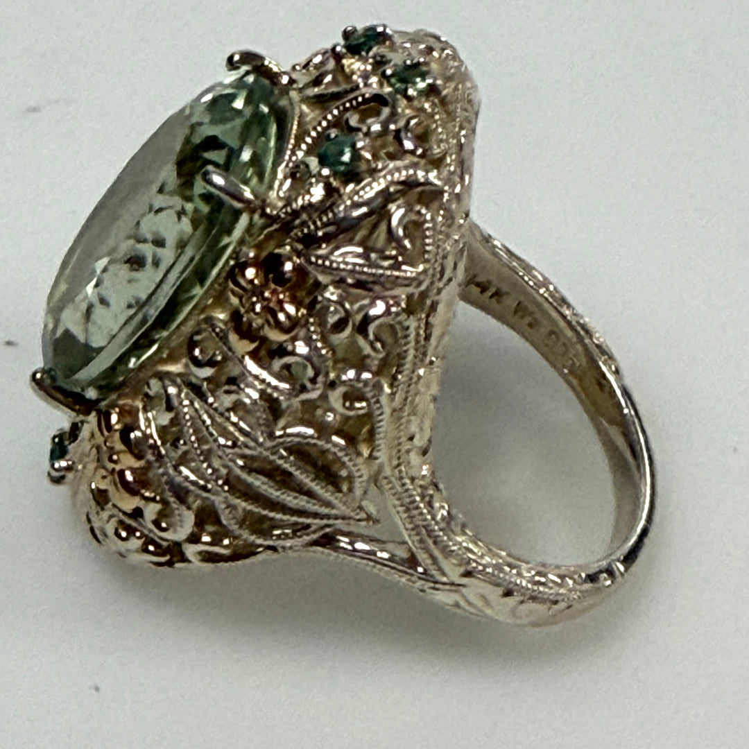 w126 Vintage-style Weinman Brothers Green Amethyst (Prasiolite) Cocktail Ring Sz 8 Sterling Silver 14k Yellow Gold