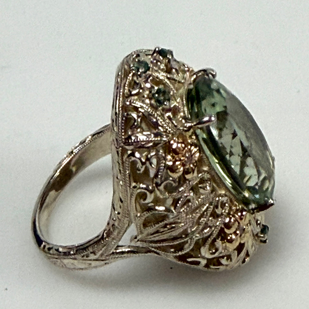 w126 Vintage-style Weinman Brothers Green Amethyst (Prasiolite) Cocktail Ring Sz 8 Sterling Silver 14k Yellow Gold