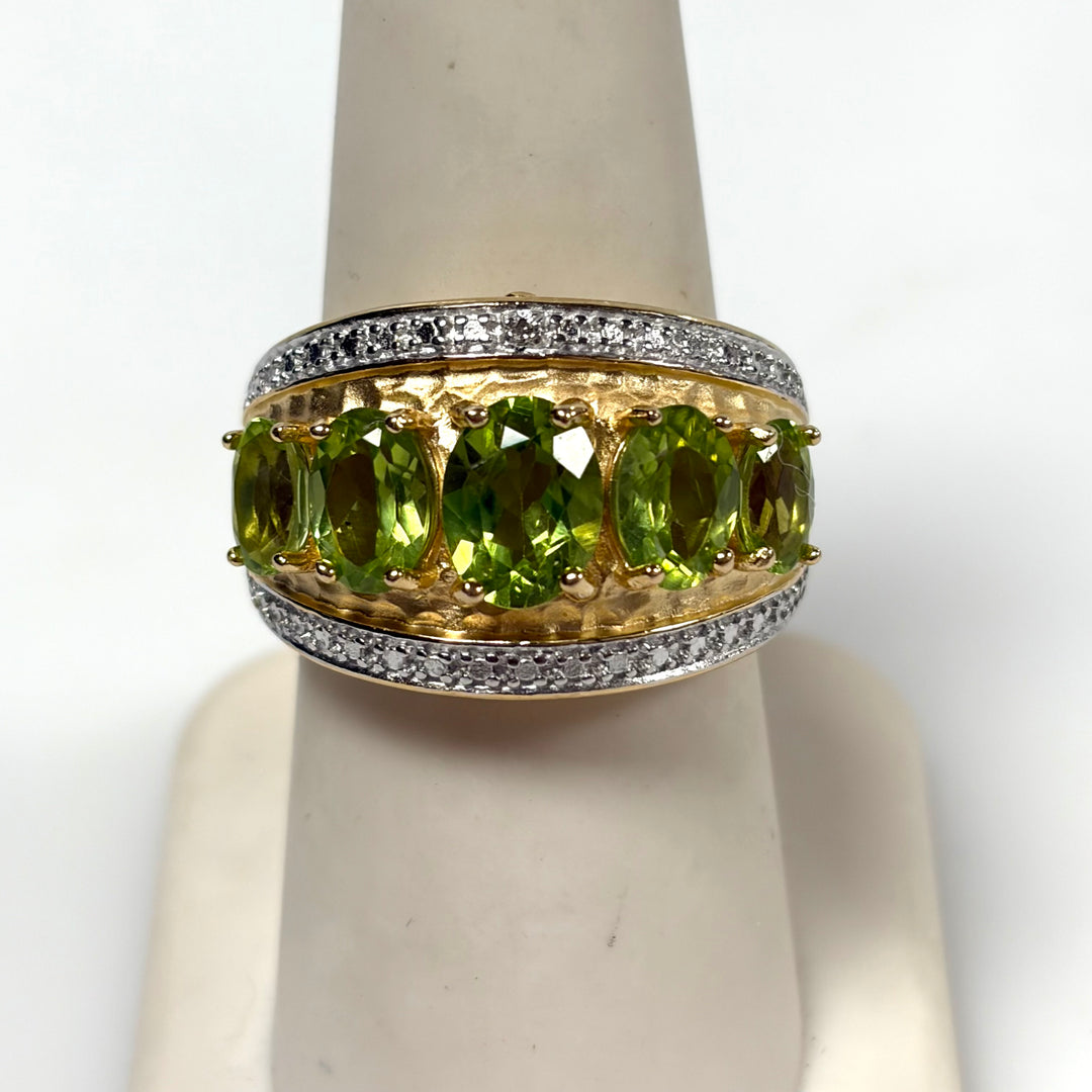 w127 Vintage Sterling Silver Five Oval-cut Lime-green Peridot Ring Band Size 7.5