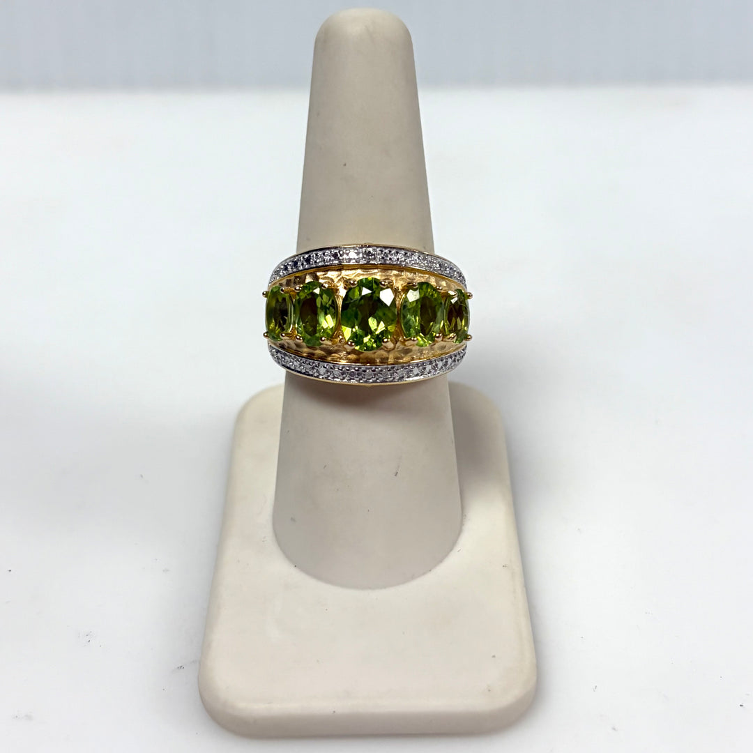 w127 Vintage Sterling Silver Five Oval-cut Lime-green Peridot Ring Band Size 7.5