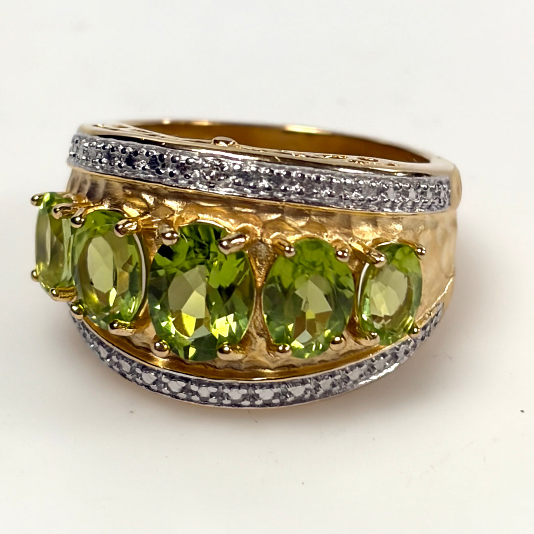 w127 Vintage Sterling Silver Five Oval-cut Lime-green Peridot Ring Band Size 7.5