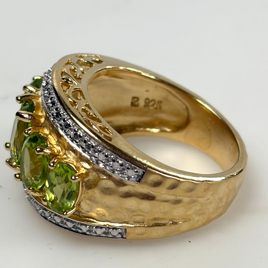 w127 Vintage Sterling Silver Five Oval-cut Lime-green Peridot Ring Band Size 7.5