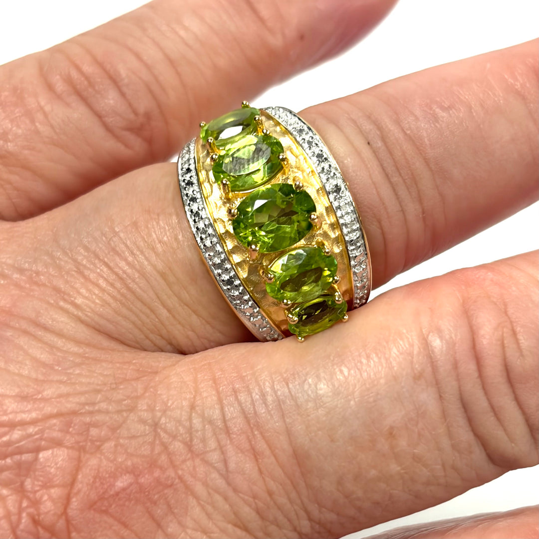 w127 Vintage Sterling Silver Five Oval-cut Lime-green Peridot Ring Band Size 7.5