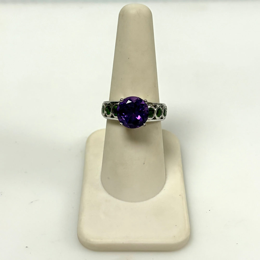 w129 Vintage Sterling Silver Statement Ring Prong-set Purple Amethyst Size 7.75