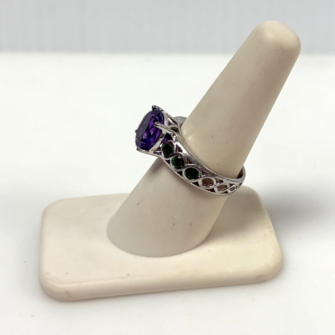 w129 Vintage Sterling Silver Statement Ring Prong-set Purple Amethyst Size 7.75