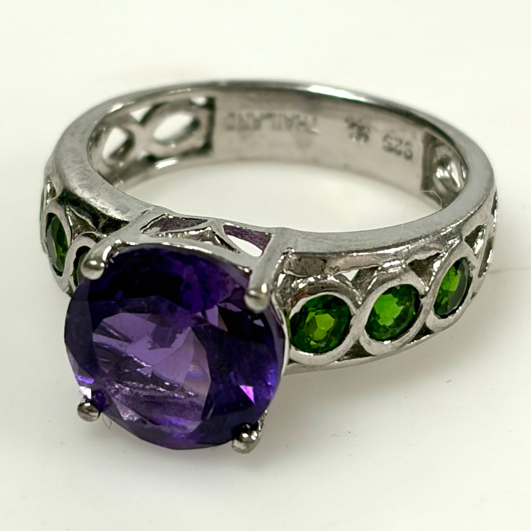 w129 Vintage Sterling Silver Statement Ring Prong-set Purple Amethyst Size 7.75