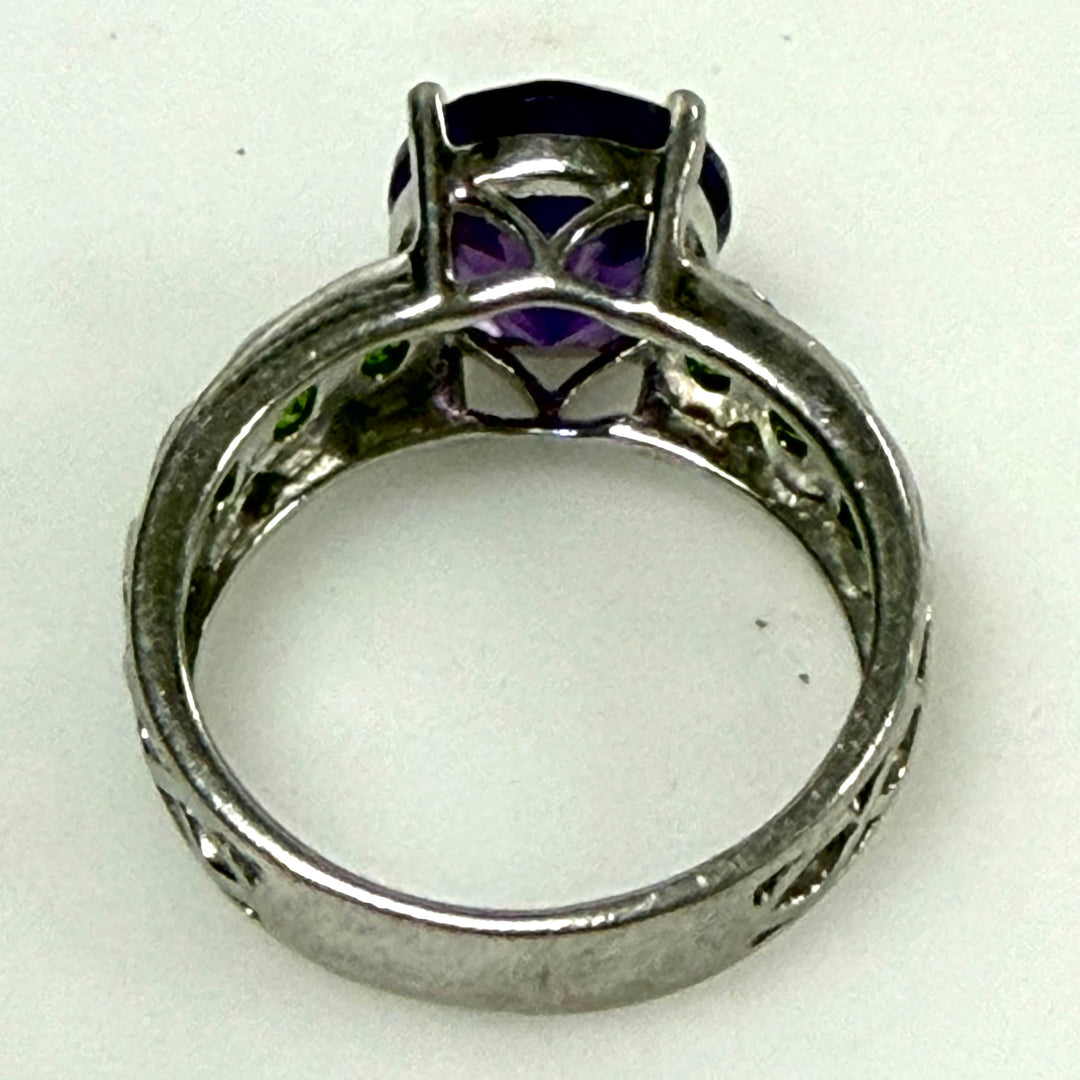 w129 Vintage Sterling Silver Statement Ring Prong-set Purple Amethyst Size 7.75