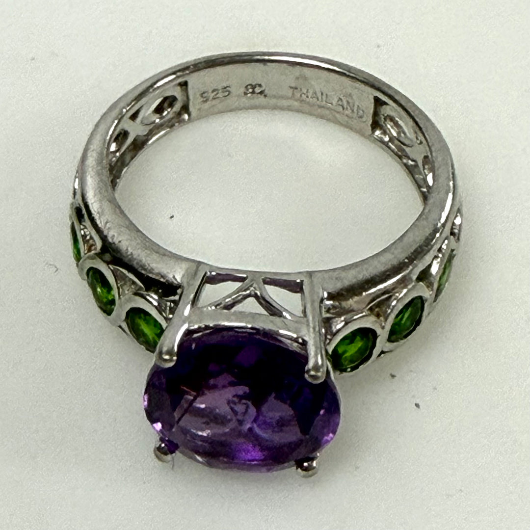 w129 Vintage Sterling Silver Statement Ring Prong-set Purple Amethyst Size 7.75