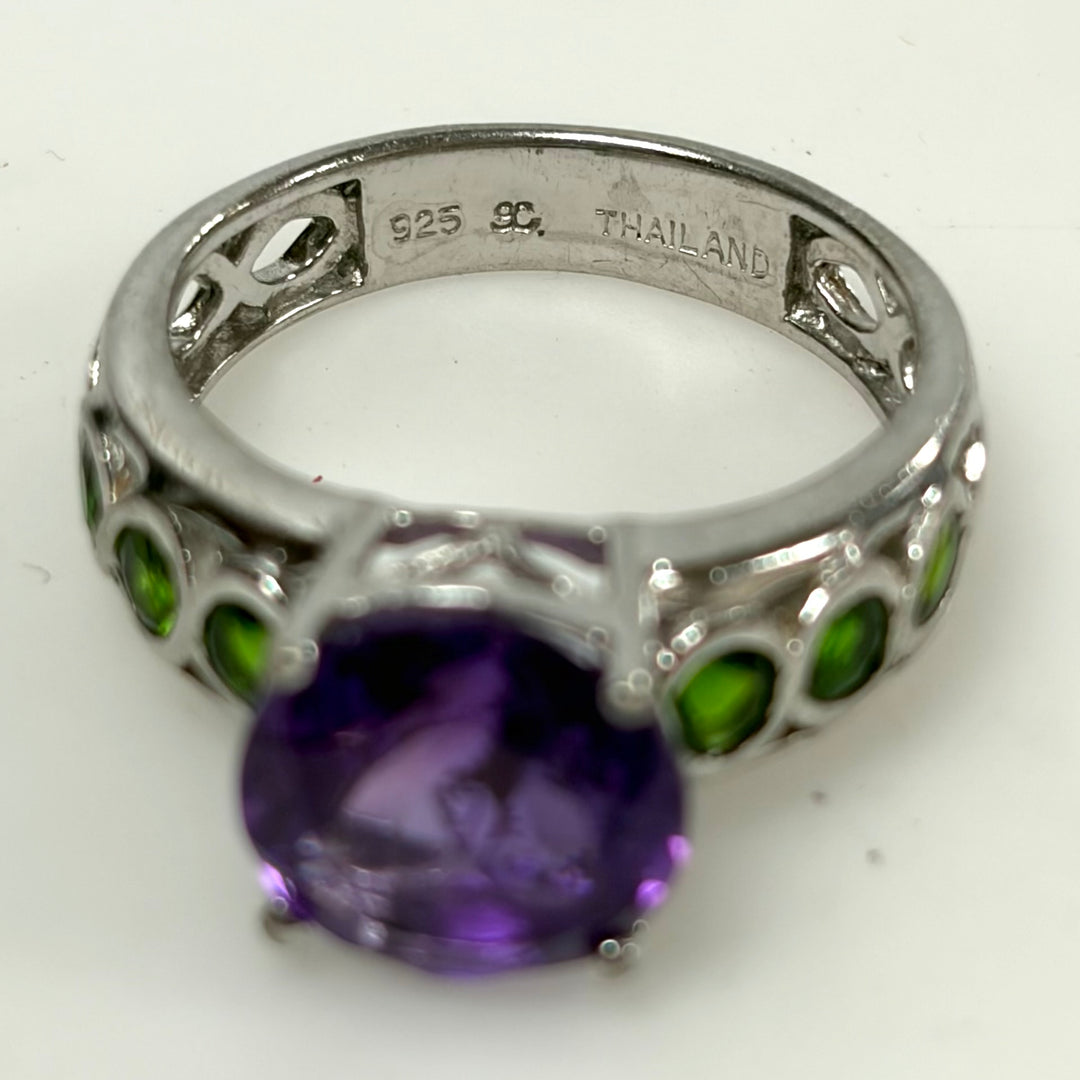 w129 Vintage Sterling Silver Statement Ring Prong-set Purple Amethyst Size 7.75