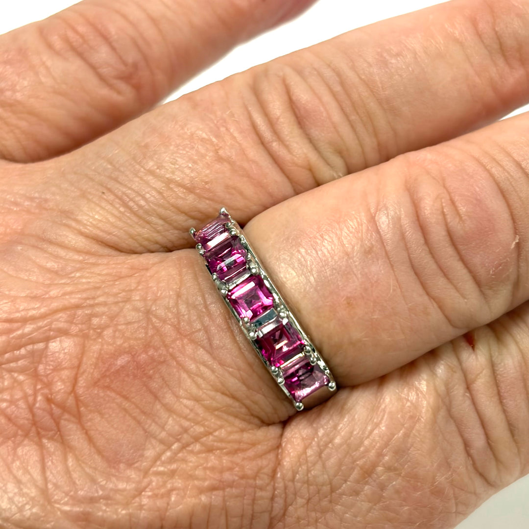 w130 Sterling Silver 5 Octagon/emerald-cut Pink Gemstone Cocktail Ring Size 9.75