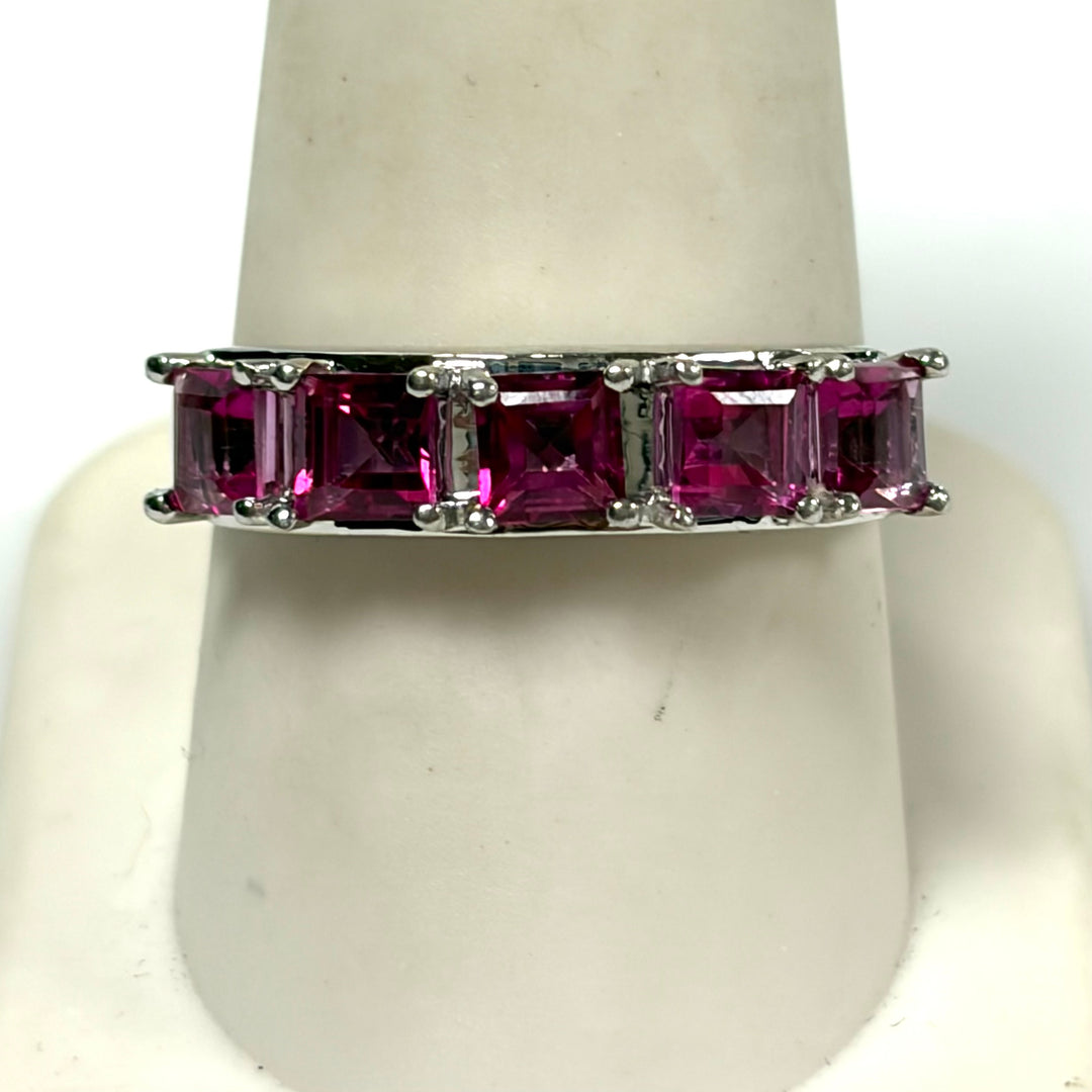 w130 Sterling Silver 5 Octagon/emerald-cut Pink Gemstone Cocktail Ring Size 9.75