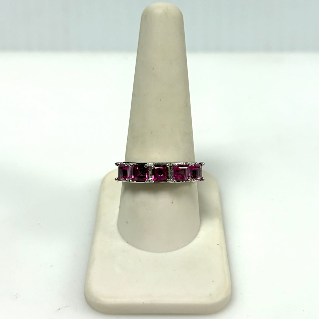 w130 Sterling Silver 5 Octagon/emerald-cut Pink Gemstone Cocktail Ring Size 9.75