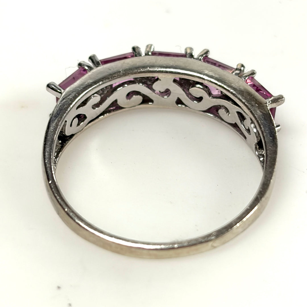 w130 Sterling Silver 5 Octagon/emerald-cut Pink Gemstone Cocktail Ring Size 9.75