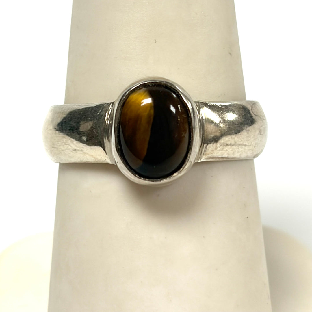 w132 Vintage Sterling Silver Ring Bezel-set Oval-shaped Tiger's Eye Chatoyant 7