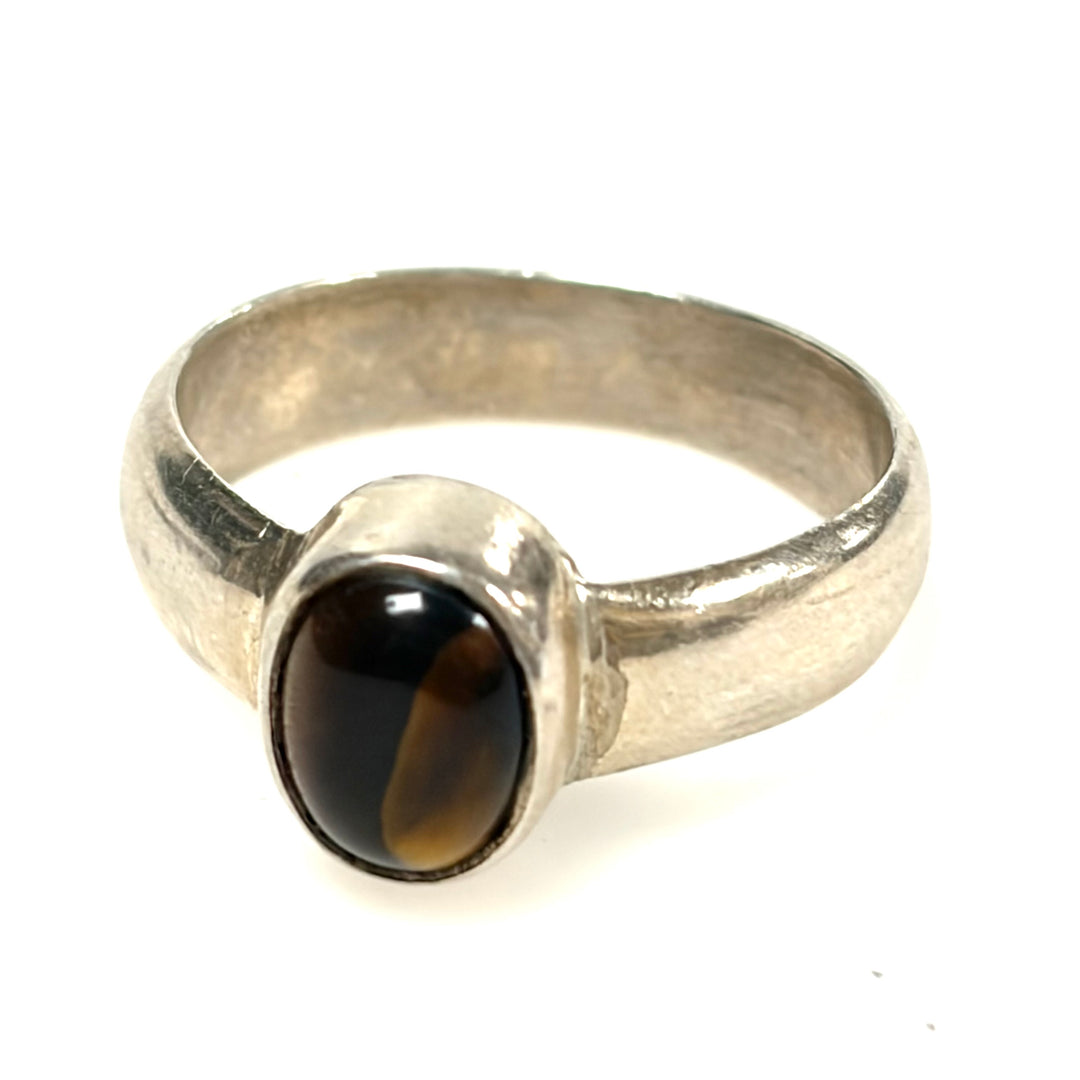w132 Vintage Sterling Silver Ring Bezel-set Oval-shaped Tiger's Eye Chatoyant 7