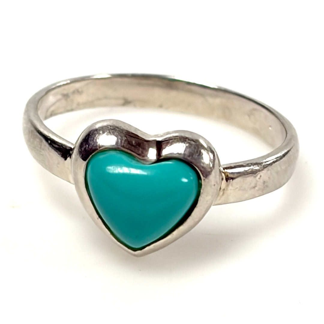 w133 Vintage Sterling Silver Cabochon Heart-shaped Turquoise Stone Ring Size 9
