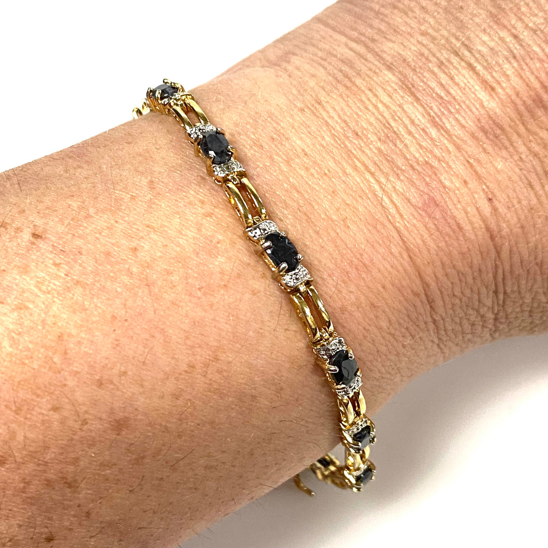 w136 Vintage Sterling 925 Tennis Bracelet Oval-cut Midnight Blue Sapphires 7.5"