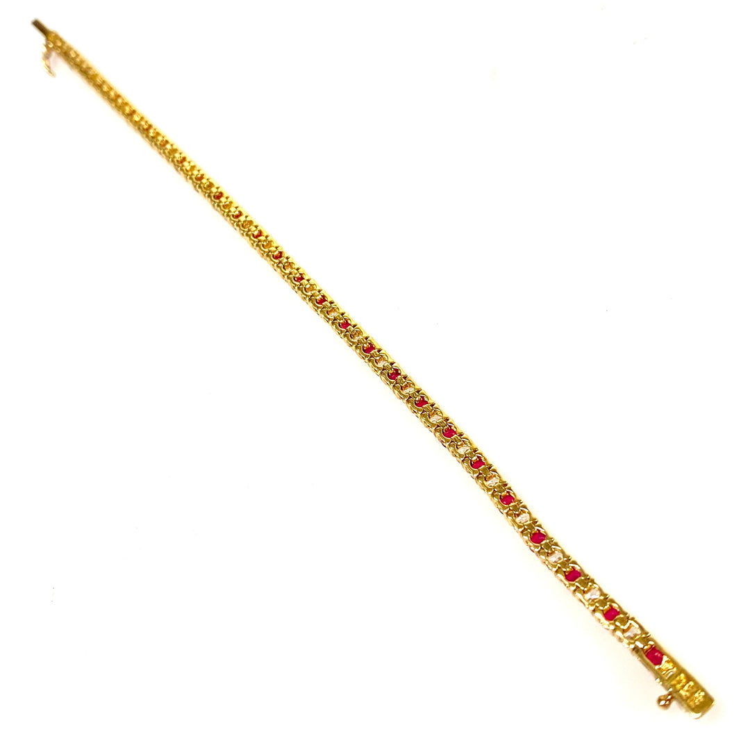 w137 Vintage Gold Plated Over Sterling Ruby and Clear Stones Tennis Bracelet 7.25"