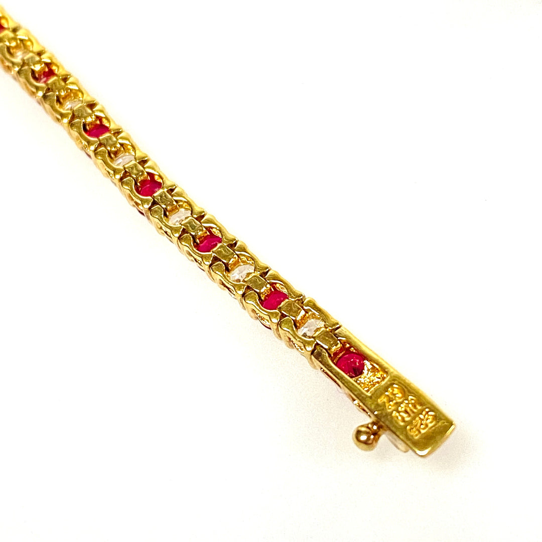 w137 Vintage Gold Plated Over Sterling Ruby and Clear Stones Tennis Bracelet 7.25"