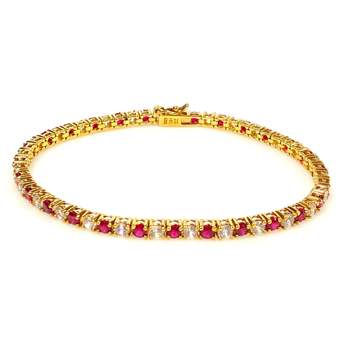 w137 Vintage Gold Plated Over Sterling Ruby and Clear Stones Tennis Bracelet 7.25"