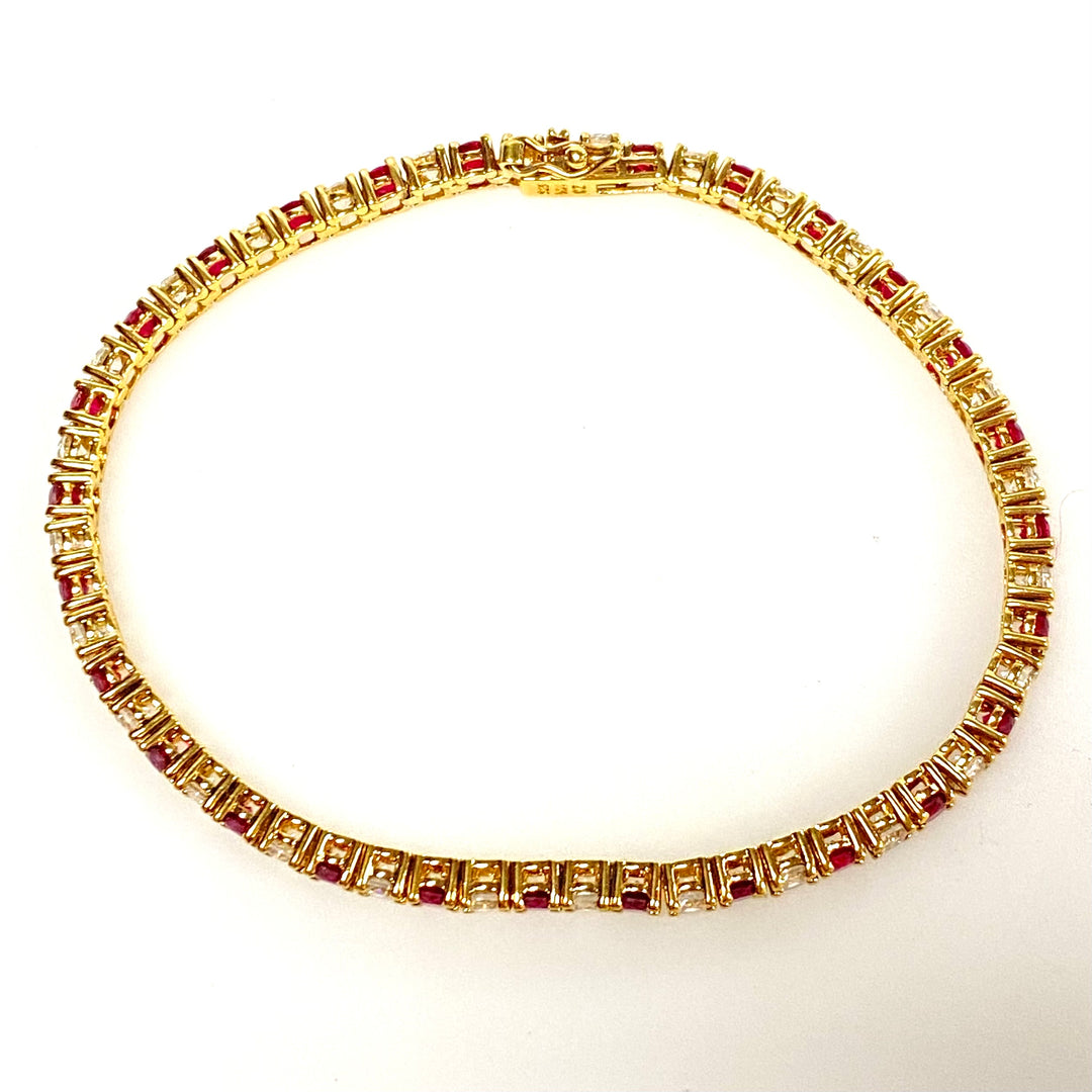 w137 Vintage Gold Plated Over Sterling Ruby and Clear Stones Tennis Bracelet 7.25"