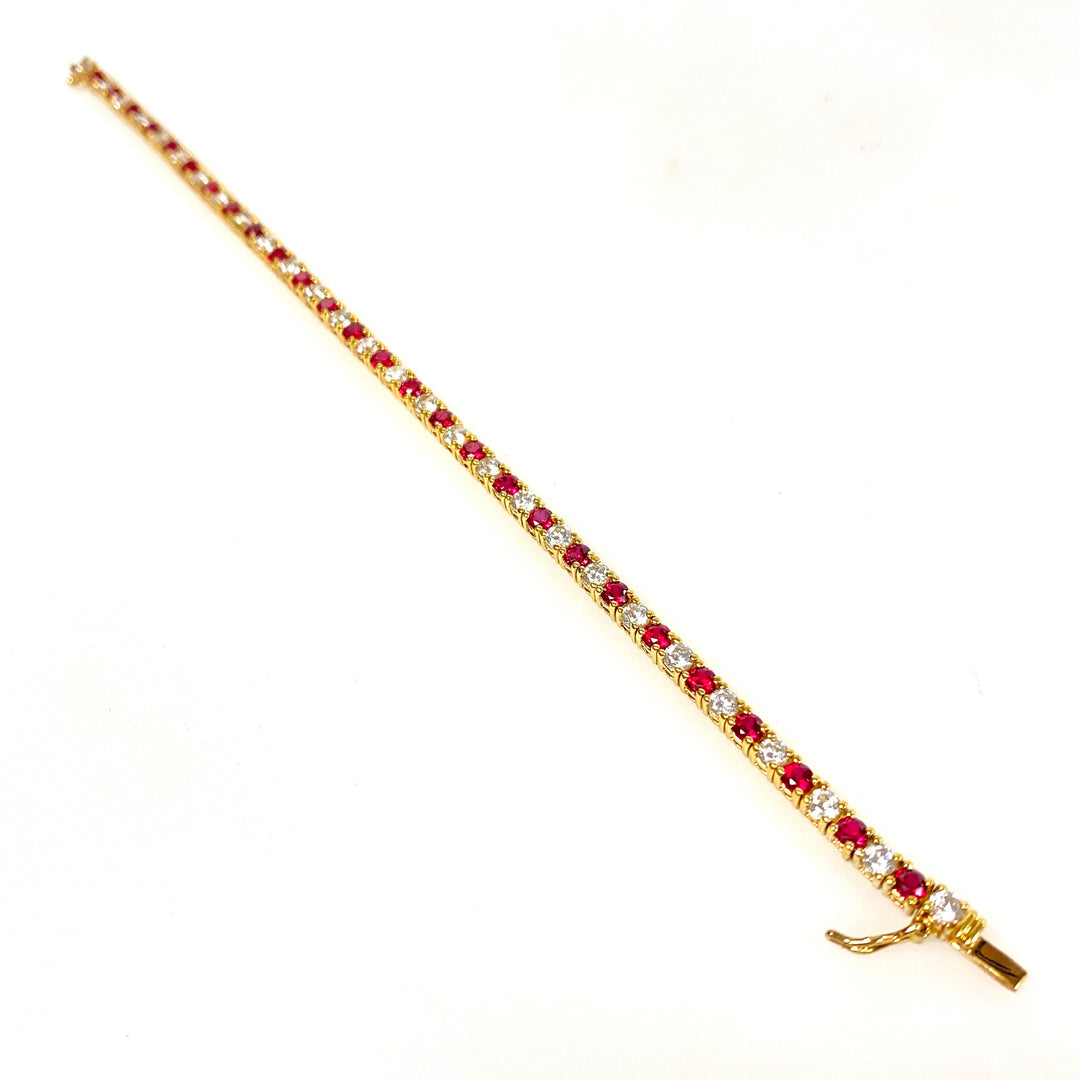 w137 Vintage Gold Plated Over Sterling Ruby and Clear Stones Tennis Bracelet 7.25"