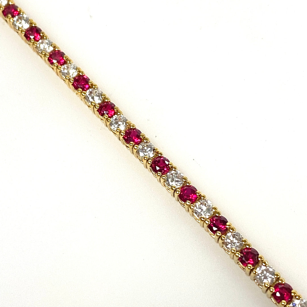 w137 Vintage Gold Plated Over Sterling Ruby and Clear Stones Tennis Bracelet 7.25"