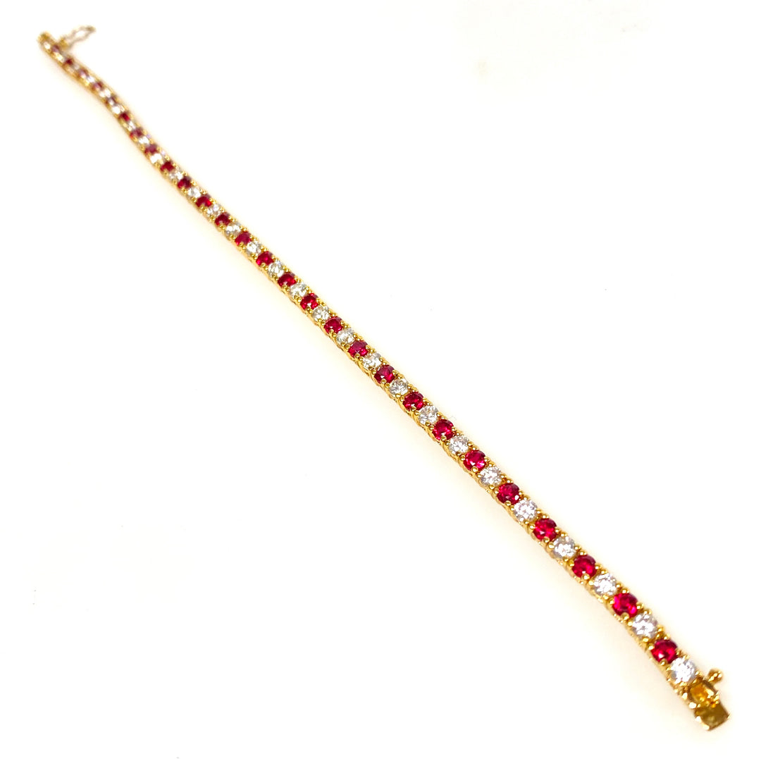 w137 Vintage Gold Plated Over Sterling Ruby and Clear Stones Tennis Bracelet 7.25"