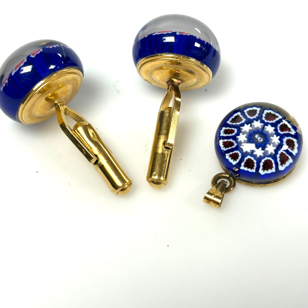 w138 Vintage Art Glass Millefiori-style Cuff links and Pendant Deep Blue Floral