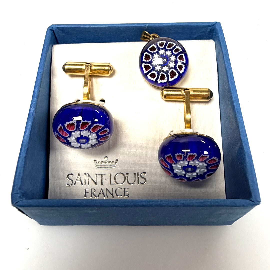 w138 Vintage Art Glass Millefiori-style Cuff links and Pendant Deep Blue Floral