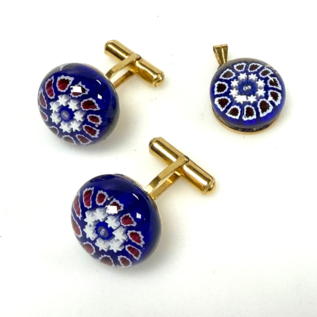 w138 Vintage Art Glass Millefiori-style Cuff links and Pendant Deep Blue Floral