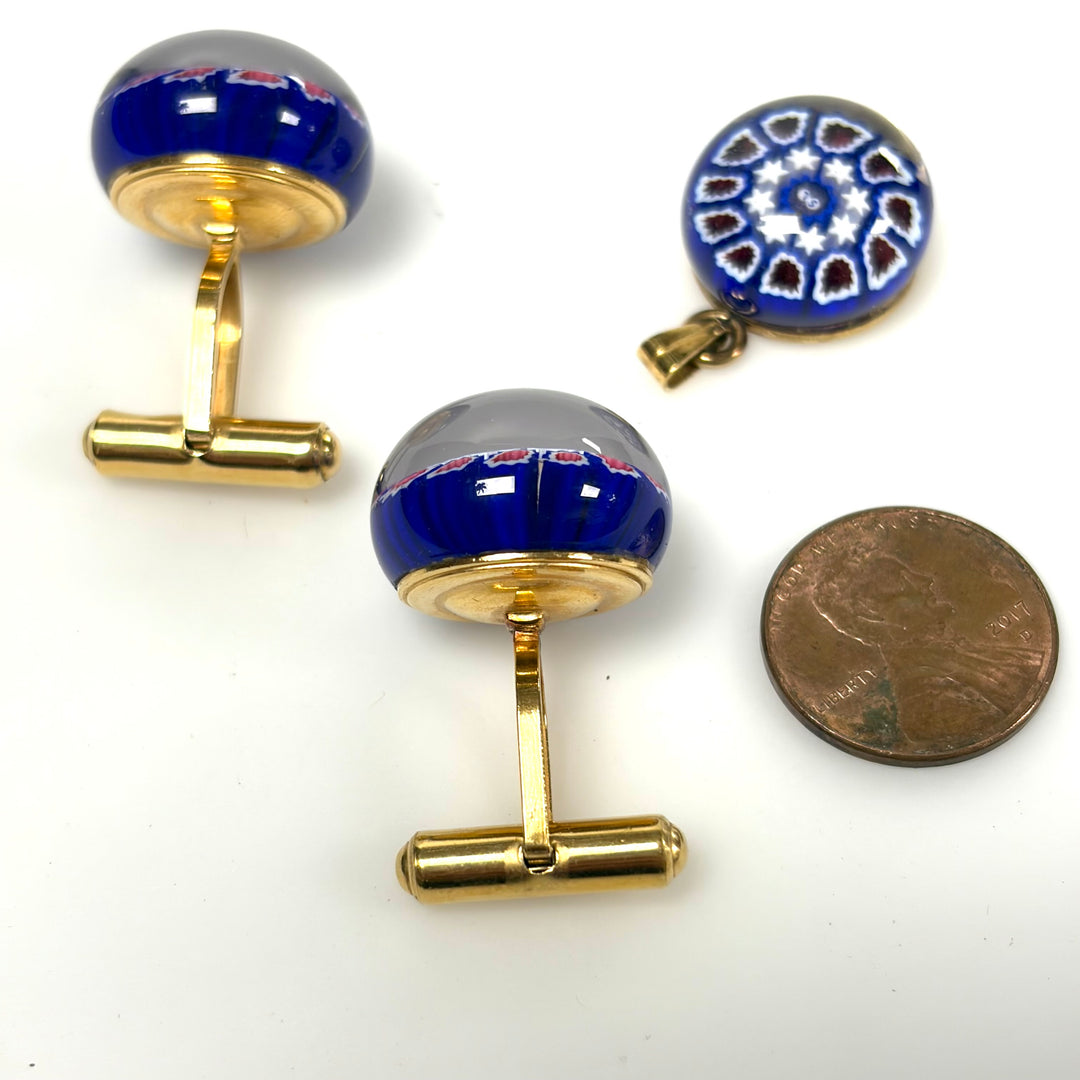 w138 Vintage Art Glass Millefiori-style Cuff links and Pendant Deep Blue Floral