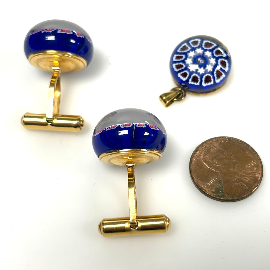 w138 Vintage Art Glass Millefiori-style Cuff links and Pendant Deep Blue Floral