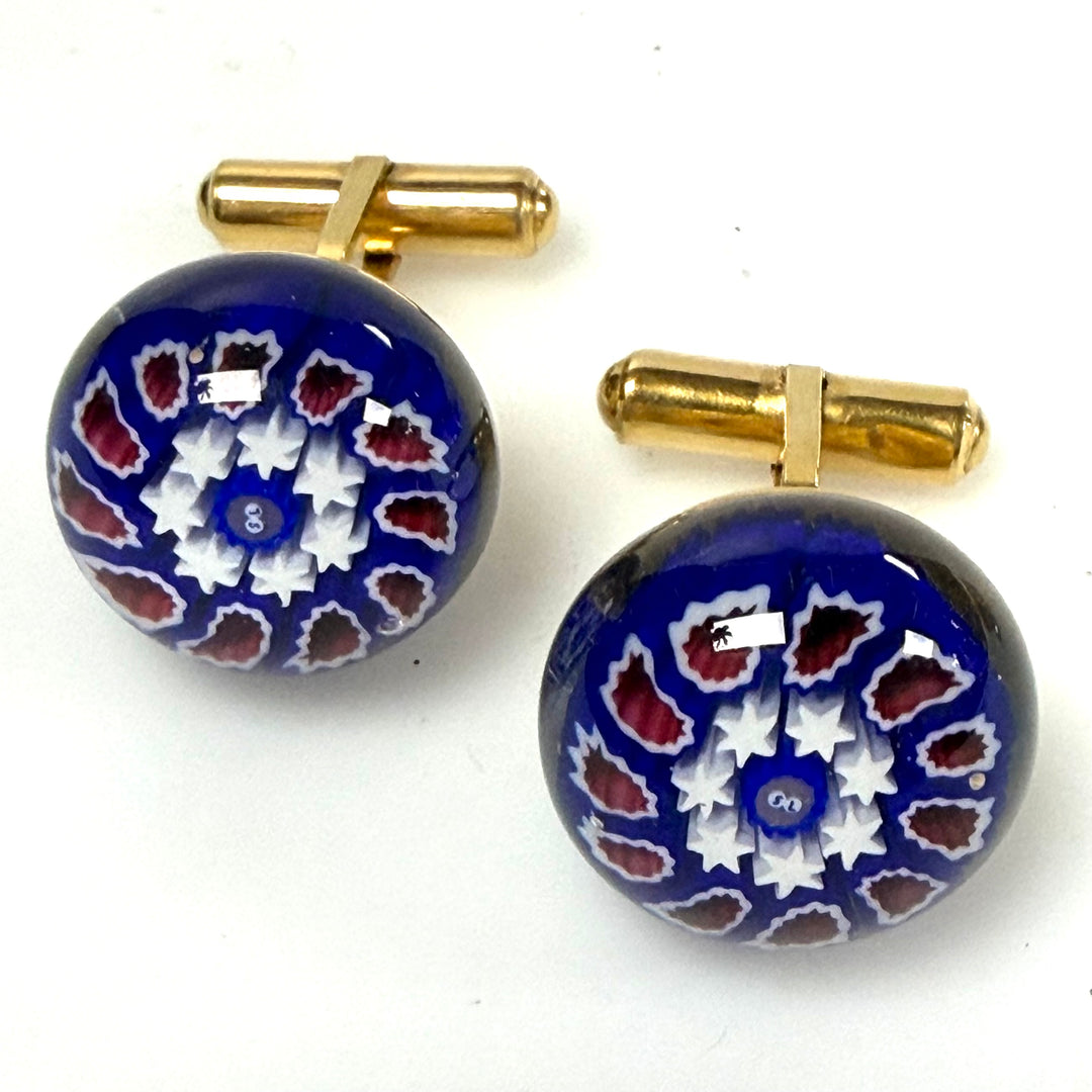 w138 Vintage Art Glass Millefiori-style Cuff links and Pendant Deep Blue Floral