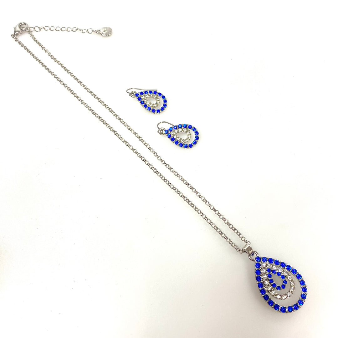 w140 Vintage Stunning 3pc Pavé-set Teardrop Pendant Necklace & Earrings by Monet