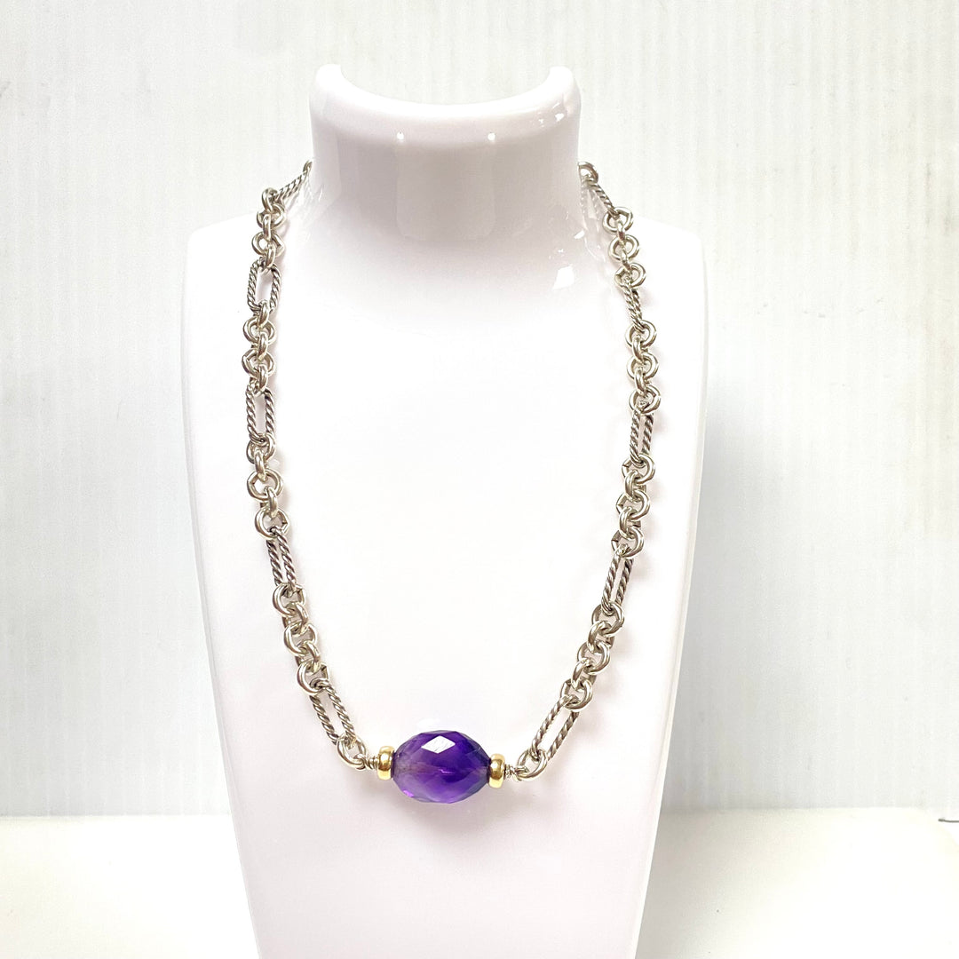 w141 David Yurman Amethyst Figaro Chain Station Necklace 925 Silver & 18K Gold
