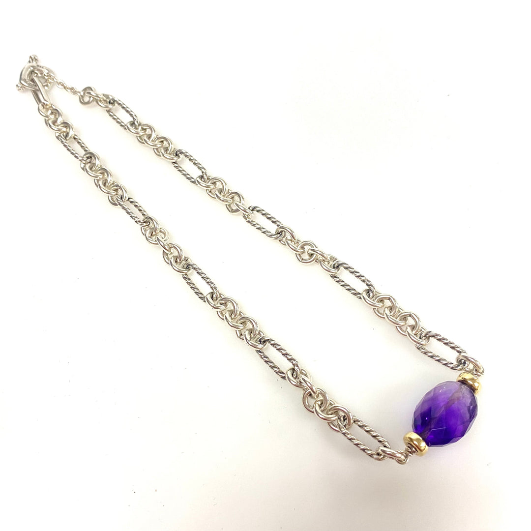 w141 David Yurman Amethyst Figaro Chain Station Necklace 925 Silver & 18K Gold