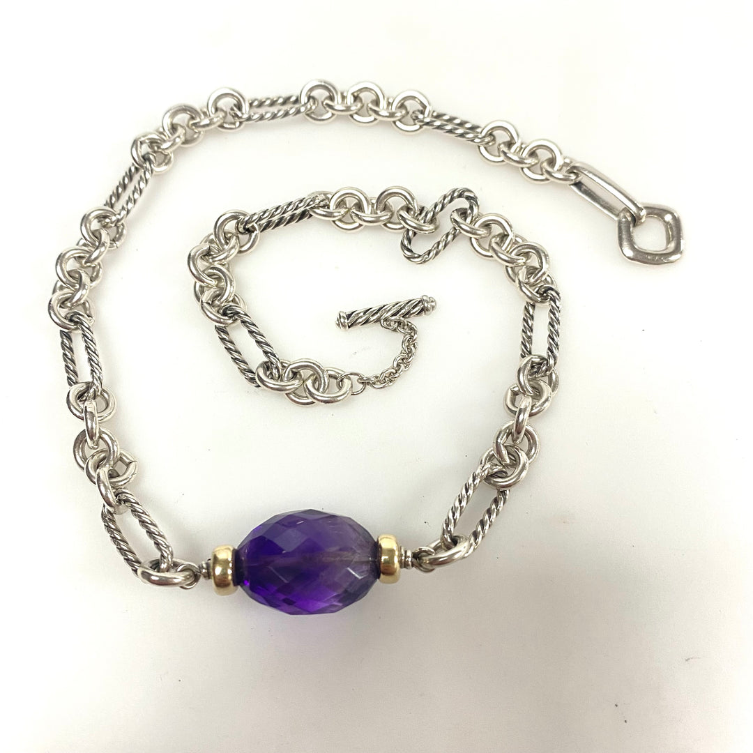 w141 David Yurman Amethyst Figaro Chain Station Necklace 925 Silver & 18K Gold