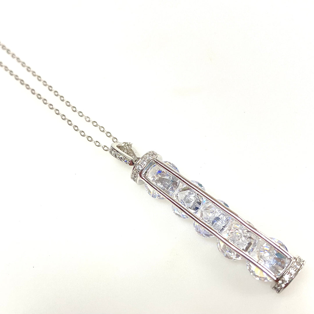 w142 Vintage Crystal Cylinder Cage Pendant Necklace Fuzion Creations 925 Silver 19"