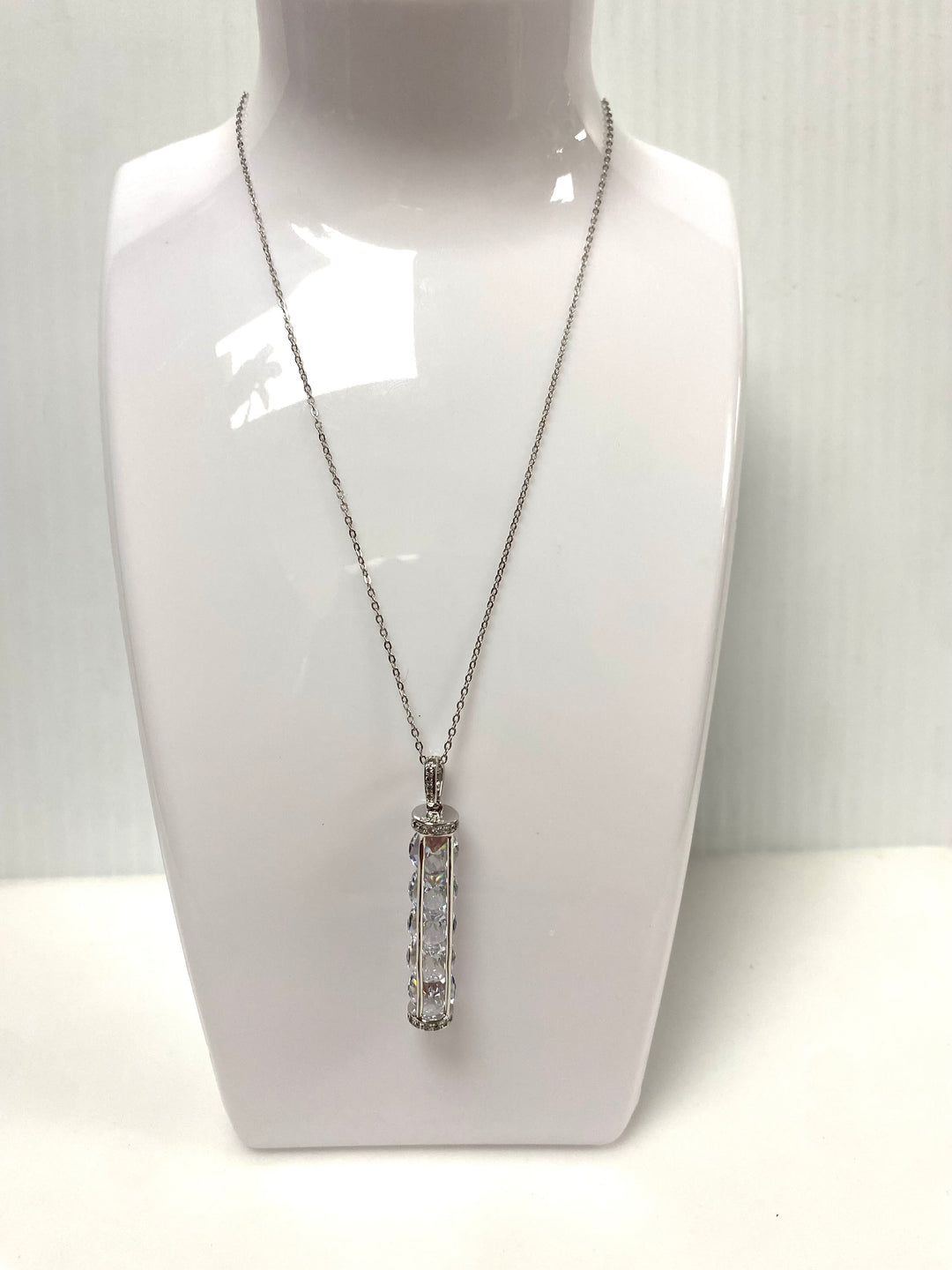 w142 Vintage Crystal Cylinder Cage Pendant Necklace Fuzion Creations 925 Silver 19"
