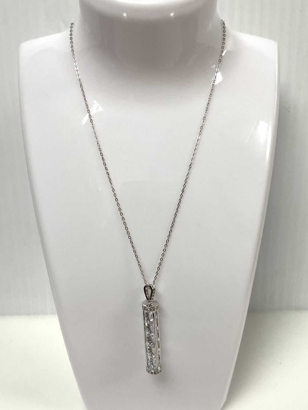 w142 Vintage Crystal Cylinder Cage Pendant Necklace Fuzion Creations 925 Silver 19"