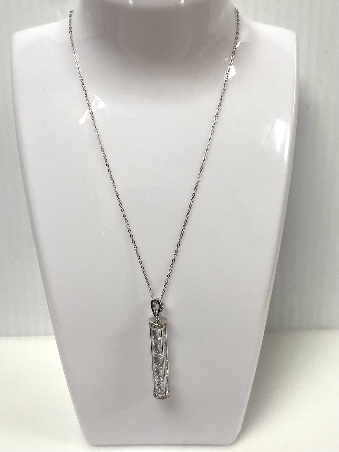 w142 Vintage Crystal Cylinder Cage Pendant Necklace Fuzion Creations 925 Silver 19"