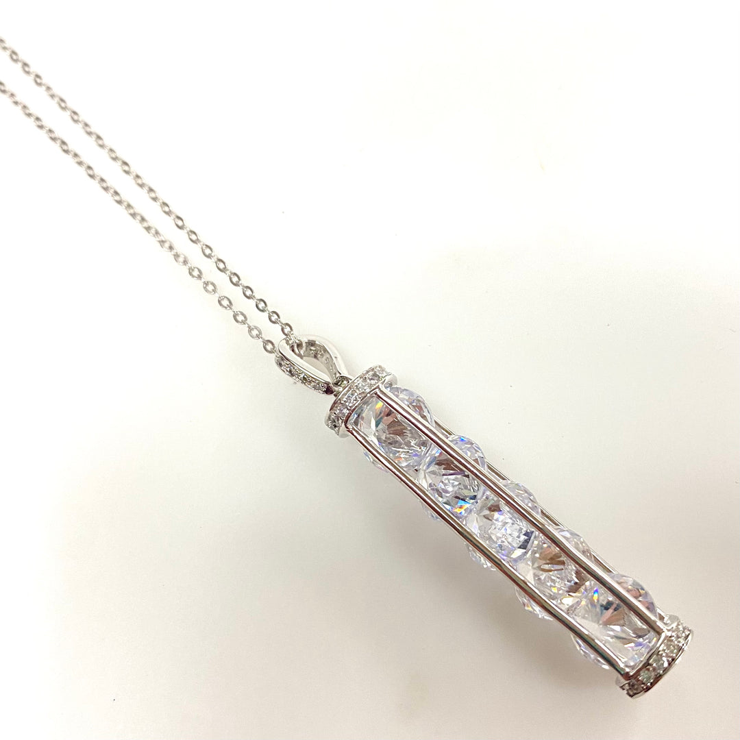 w142 Vintage Crystal Cylinder Cage Pendant Necklace Fuzion Creations 925 Silver 19"