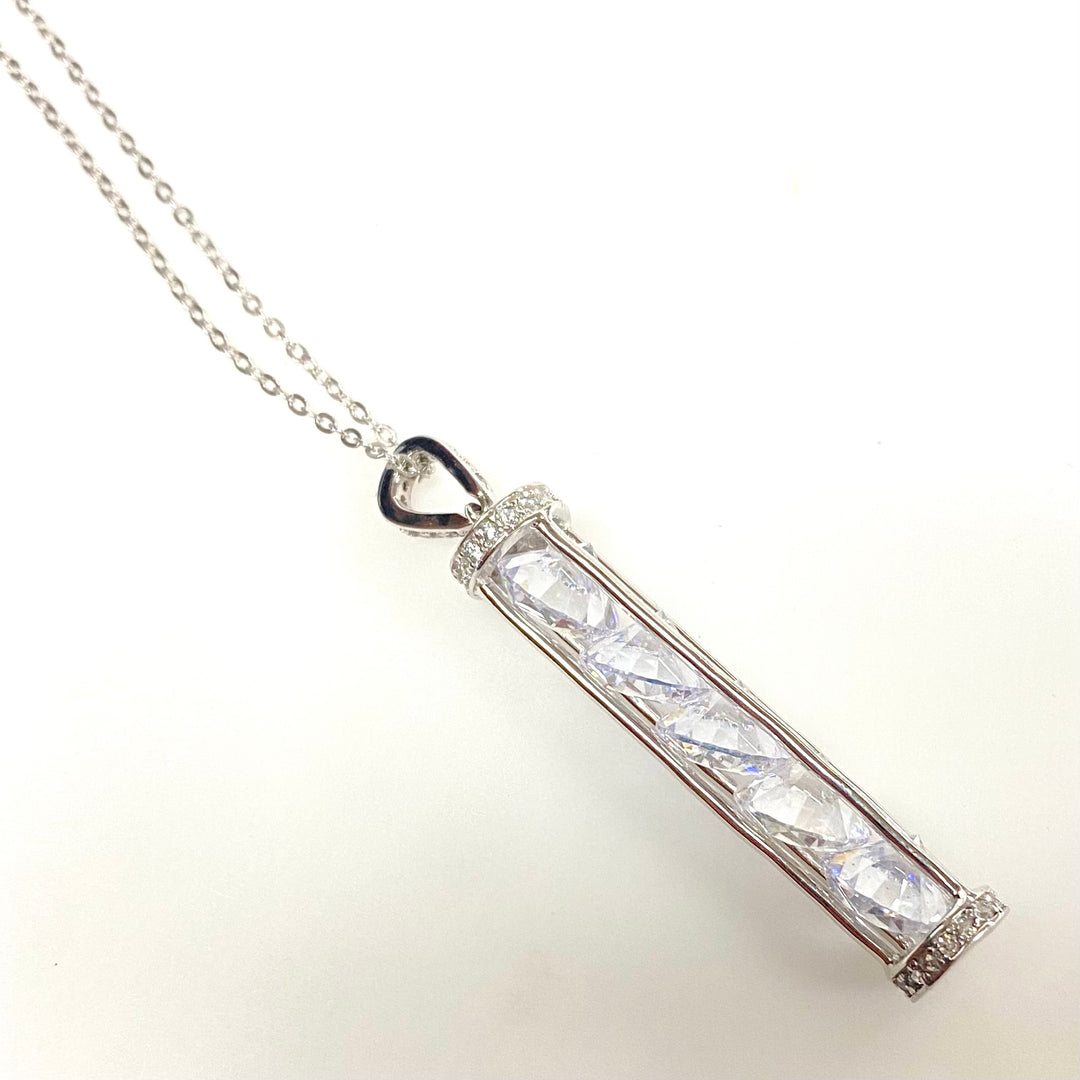 w142 Vintage Crystal Cylinder Cage Pendant Necklace Fuzion Creations 925 Silver 19"