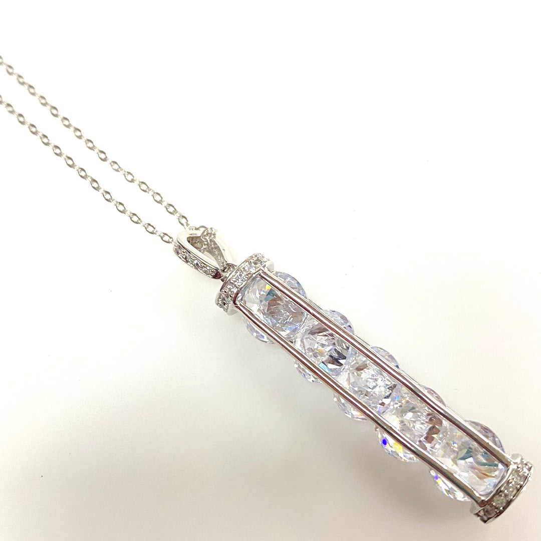 w142 Vintage Crystal Cylinder Cage Pendant Necklace Fuzion Creations 925 Silver 19"