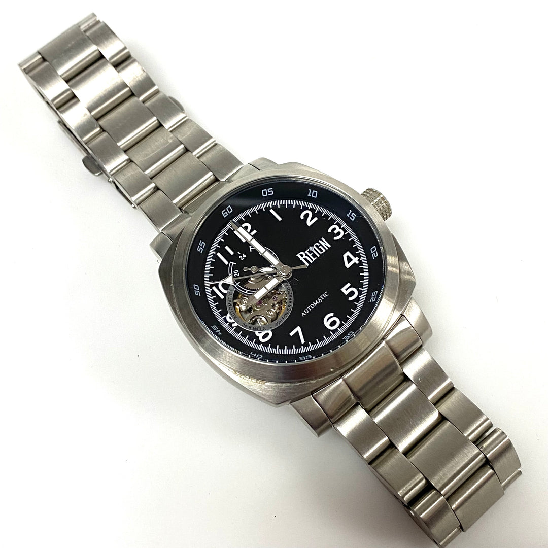 w144 Reign Impaler Men's Semi-Skeleton Stainless Steel Black Dial Watch Automatic