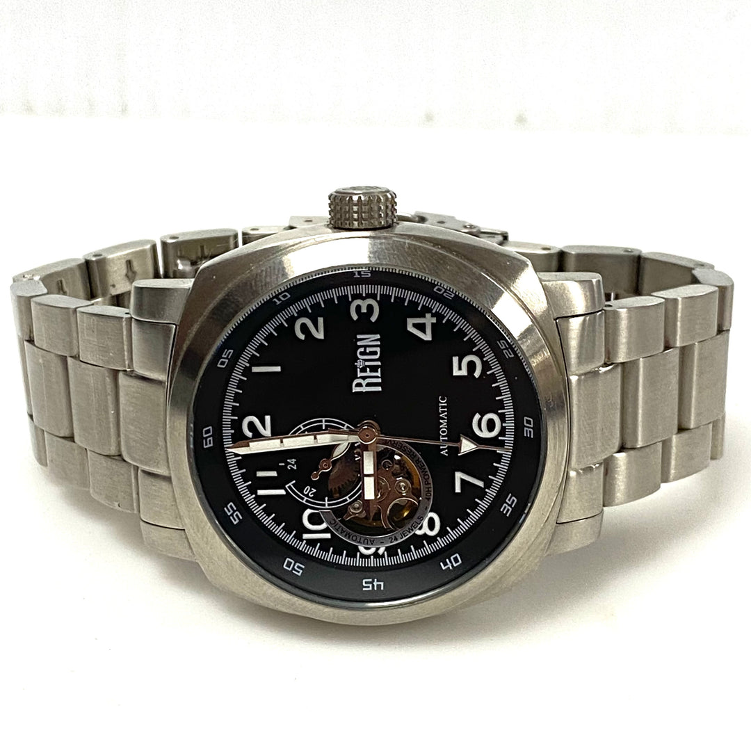 w144 Reign Impaler Men's Semi-Skeleton Stainless Steel Black Dial Watch Automatic